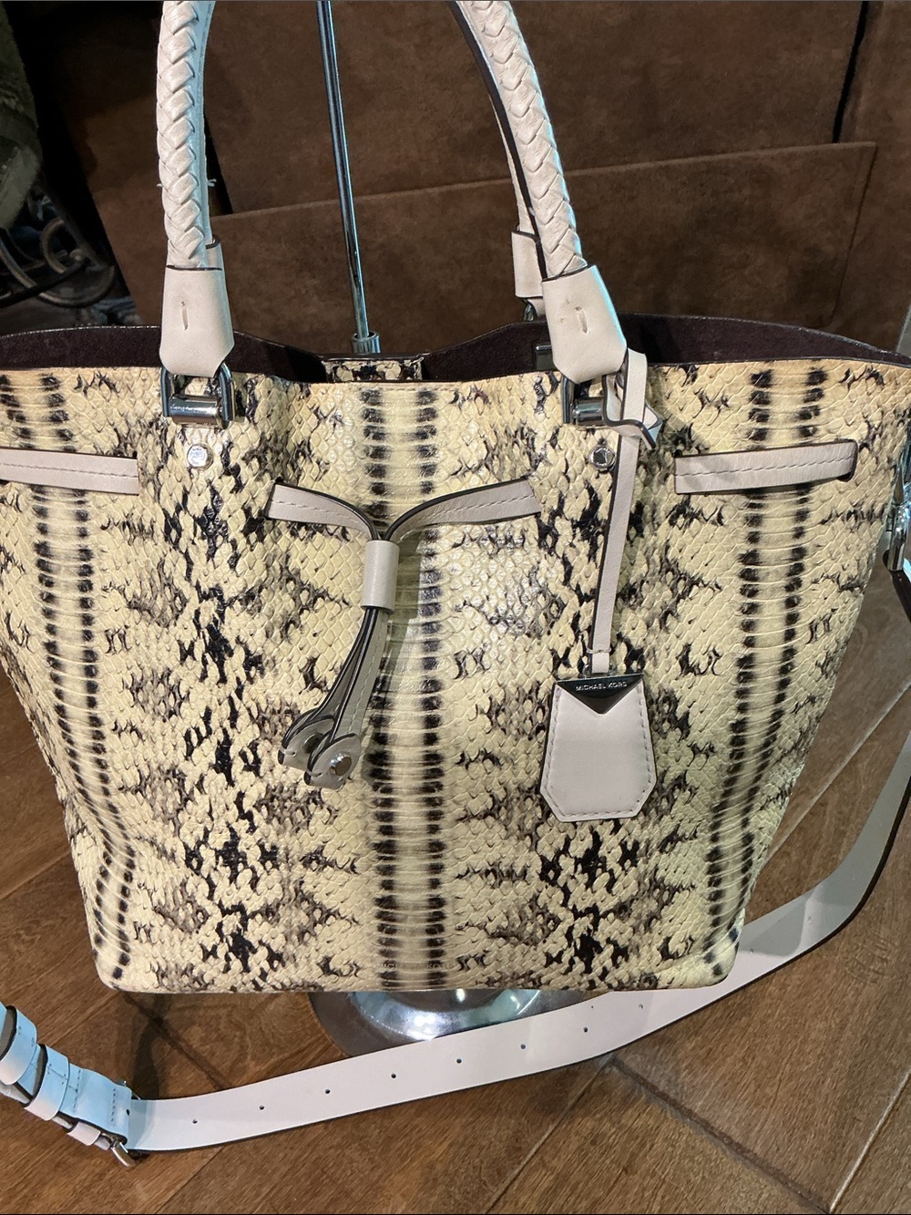 Michael Kors Beige and Black Snake-Embossed Tote with Detachable Strap